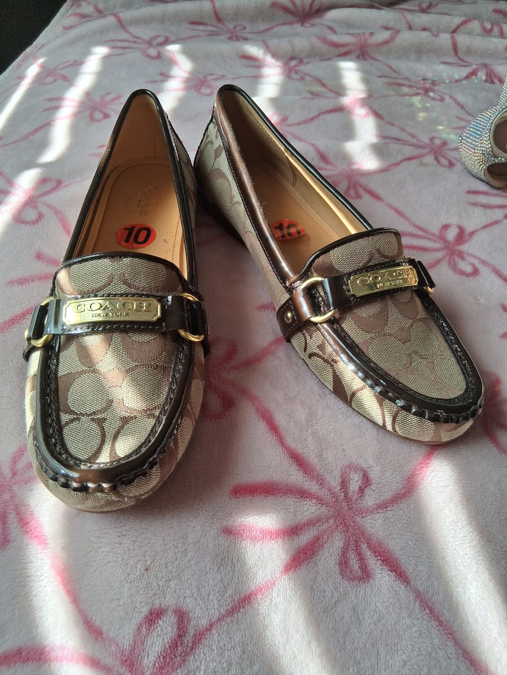 COACH Beige Signature Canvas Brown Trim Loafers with Gold Hardware